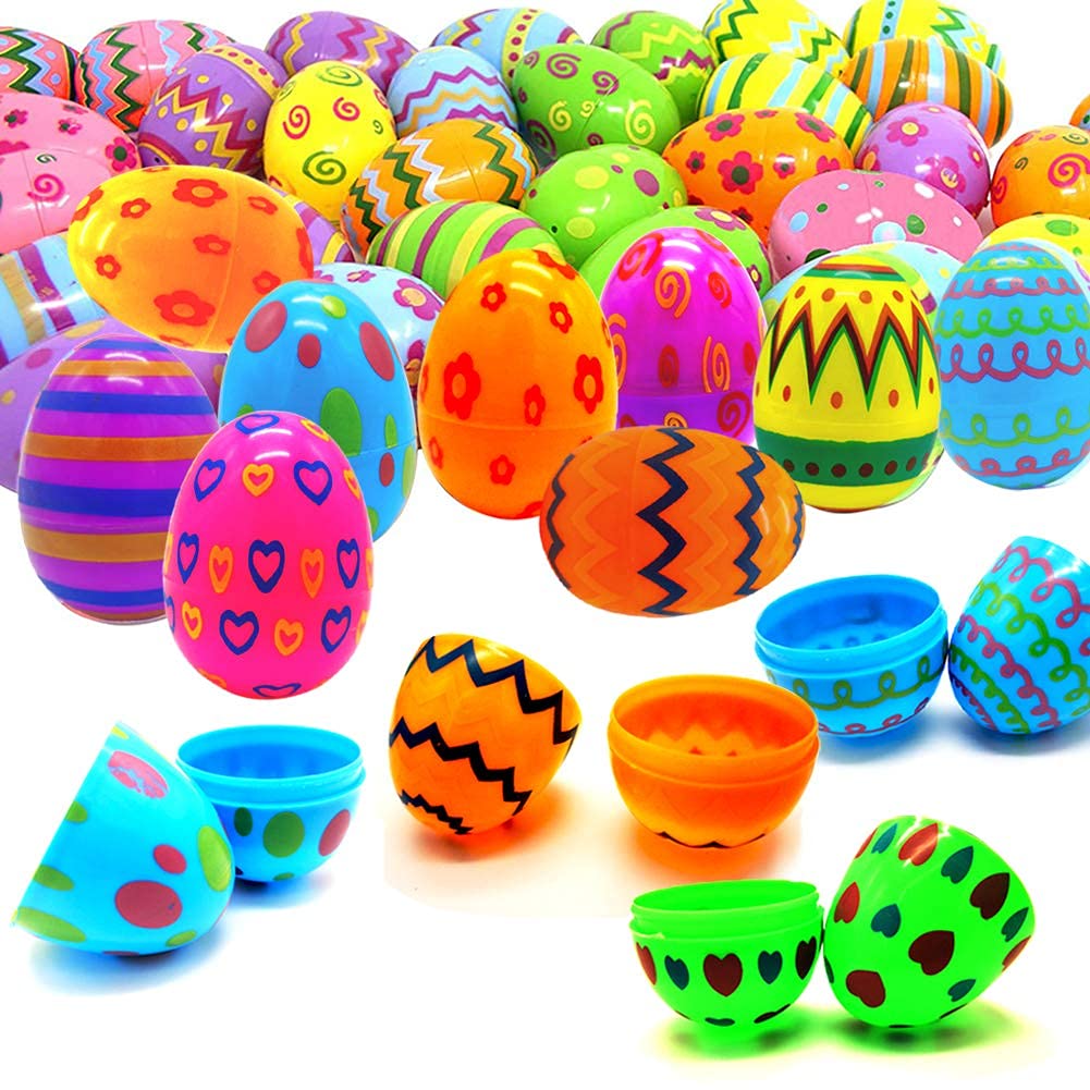 WODMAZ 72Pcs Plastic Printed Bright Easter Eggs, Assorted Colorful Plastic Easter Eggs Bulk for Easter Basket Stuffers Fillers, Easter Party Favors Classroom Prize Supplies