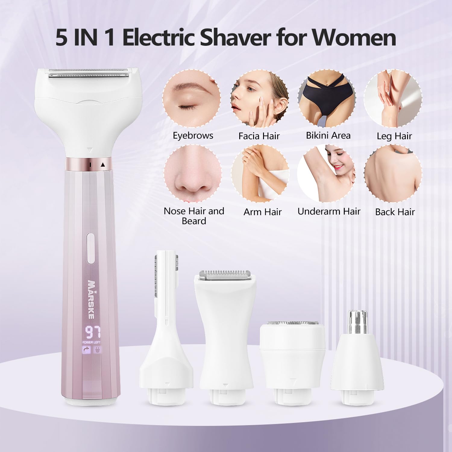 Maquinilla de afeitar eléctrica 5 en 1 para mujer, removedor de vello facial sin dolor, recortadora de bikini recargable para mujer, maquinilla de afeitar facial húmeda/seca para cara, nariz, cejas,