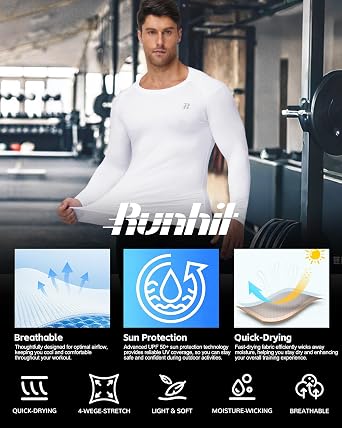 Runhit Men's Compression Base Layer Long Sleeve Top, UPF 50+ Quick Dry Sports Undershirt for Running Gym Cycling Football Golf Training