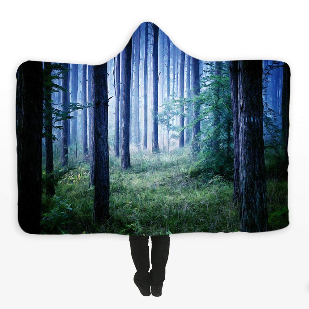 Couverture plaid à capuche imprimé forêt fantastique sherpa pour adulte enfant 150x200cm