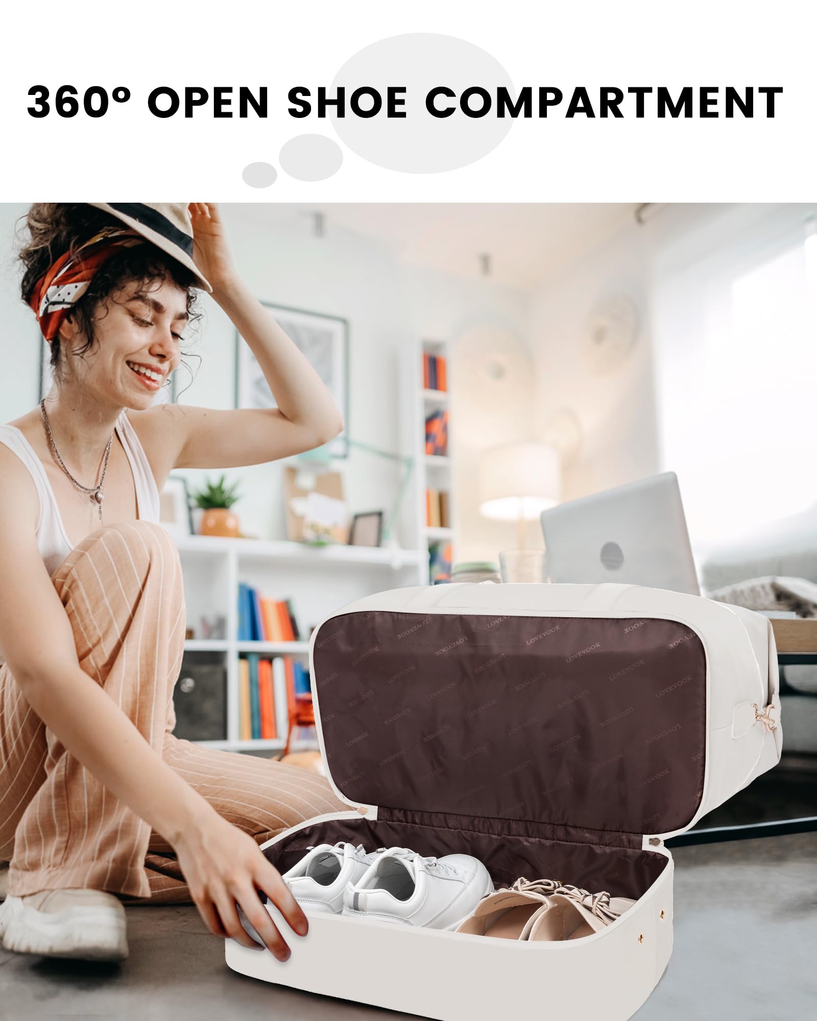 LOVEVOOK Weekender Reisetasche Damen, Sporttasche Handgepäck Tasche 45x36x20, Groß Kliniktasche Geburt, Travel Bag Duffle Bag mit Kulturtasche Schuhfach für Flugzeug Reisen, Beige