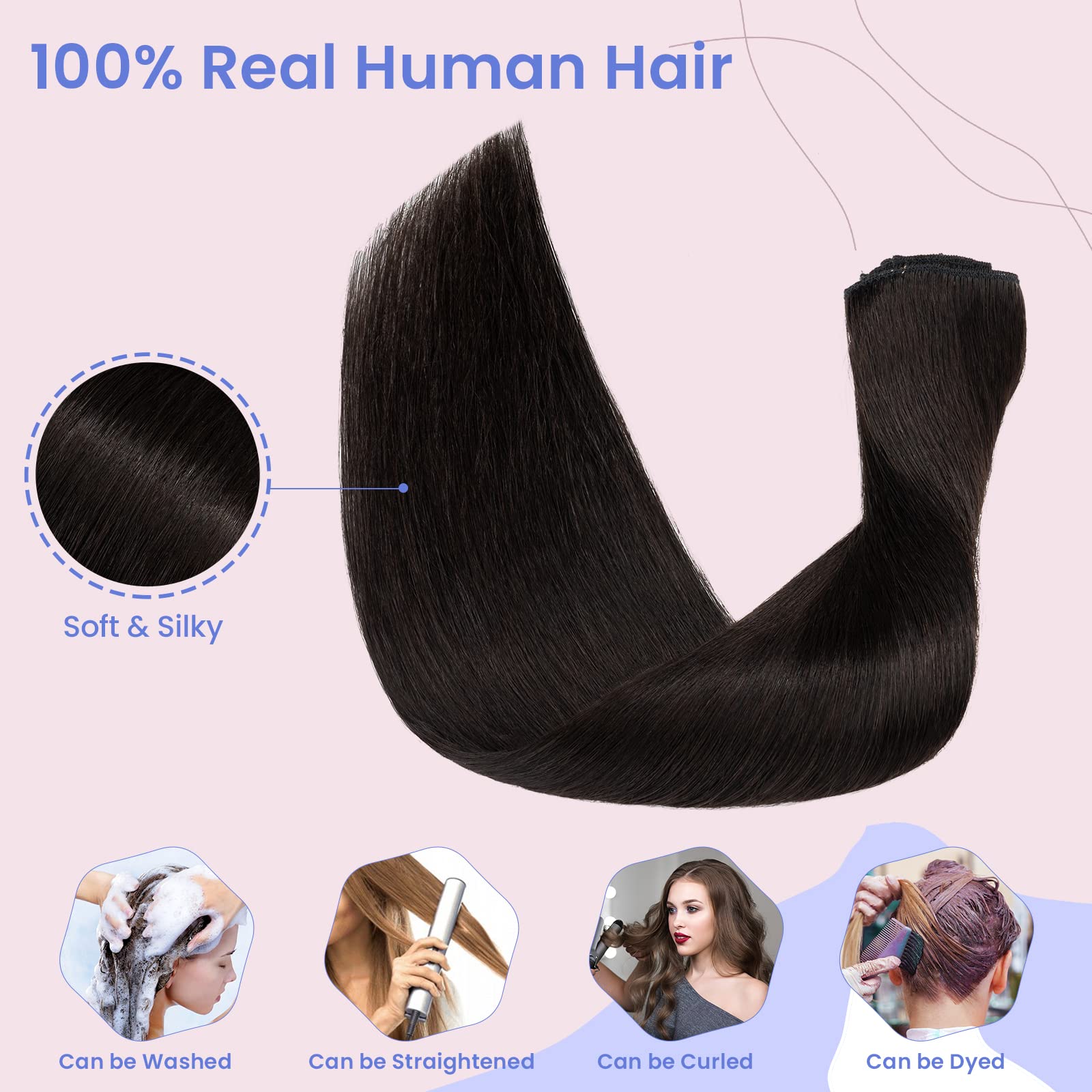 Elailite Clip in Human Hair Hair Extensions Real Natural Hair Remy, 8 Pcs (Thin Weft) Full Head Straight, #1B Natural Black - Image 4