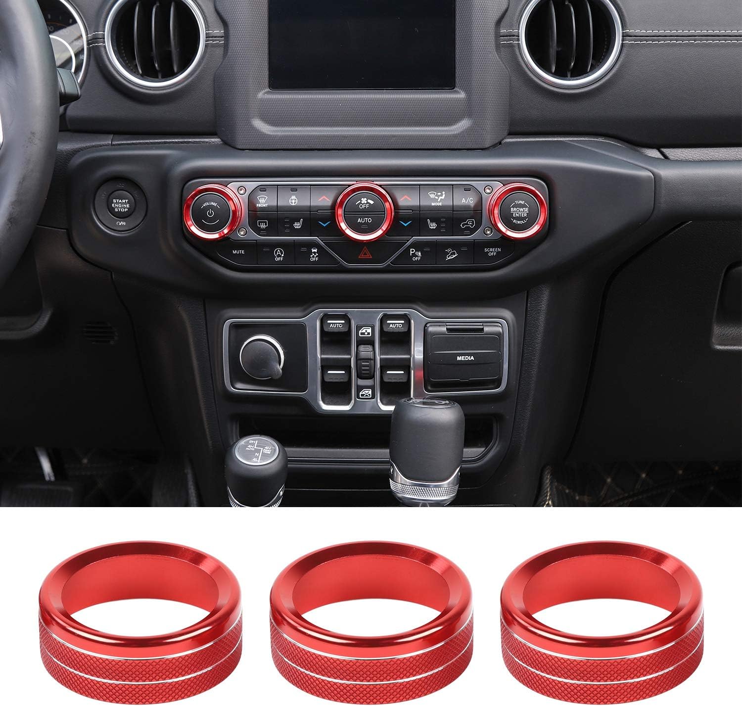 Air Conditioner Switch Knob Cover Aluminum Alloy Trim Cover Compatible with 2018-2023 Jeep Wrangler JL JLU & 2020-2023 Gladiators JT with Specific Dial Panel, Red