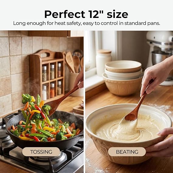 HANSGO Wooden Spoons for Cooking, 12 Inch Mixing Wood Spoon with Long Handle Serving Utensil Set for Kitchen Cooking and Stirring, 6PCS