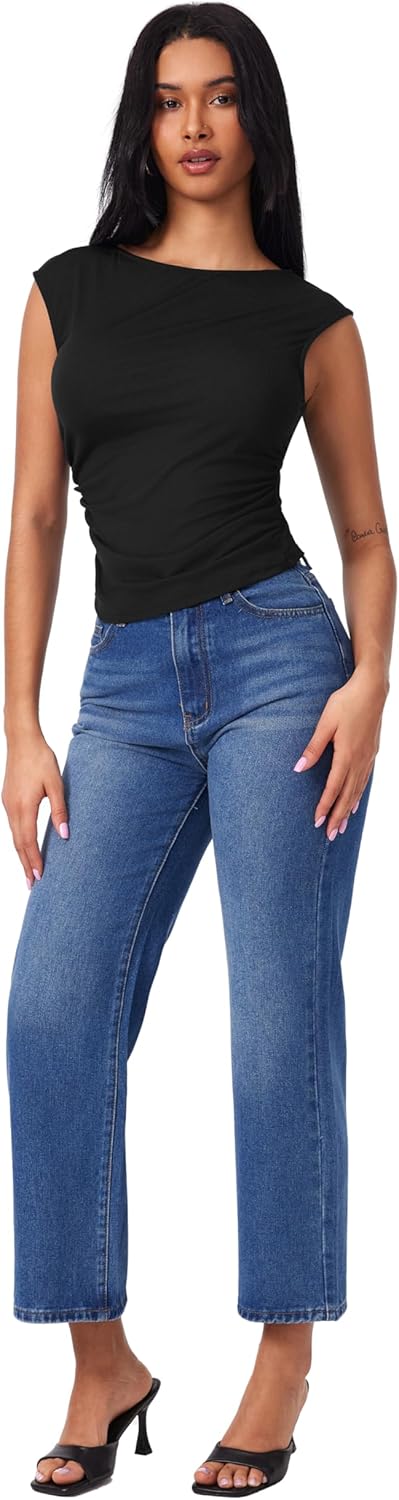 CIDER Boat Neck Tops for Women Sleeveless Ruched Crop Tank Tops Slim Fit Trendy Summer Outfits Casual Tee Shirt - Image 5