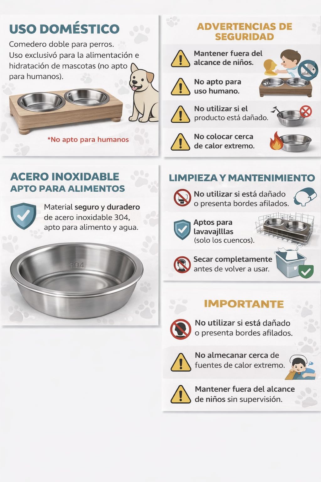 Comedero y Bebedero para Perro | Comedero Doble de Acero Inoxidable | Boles con Soporte Antideslizante | Hecho a Mano (L)