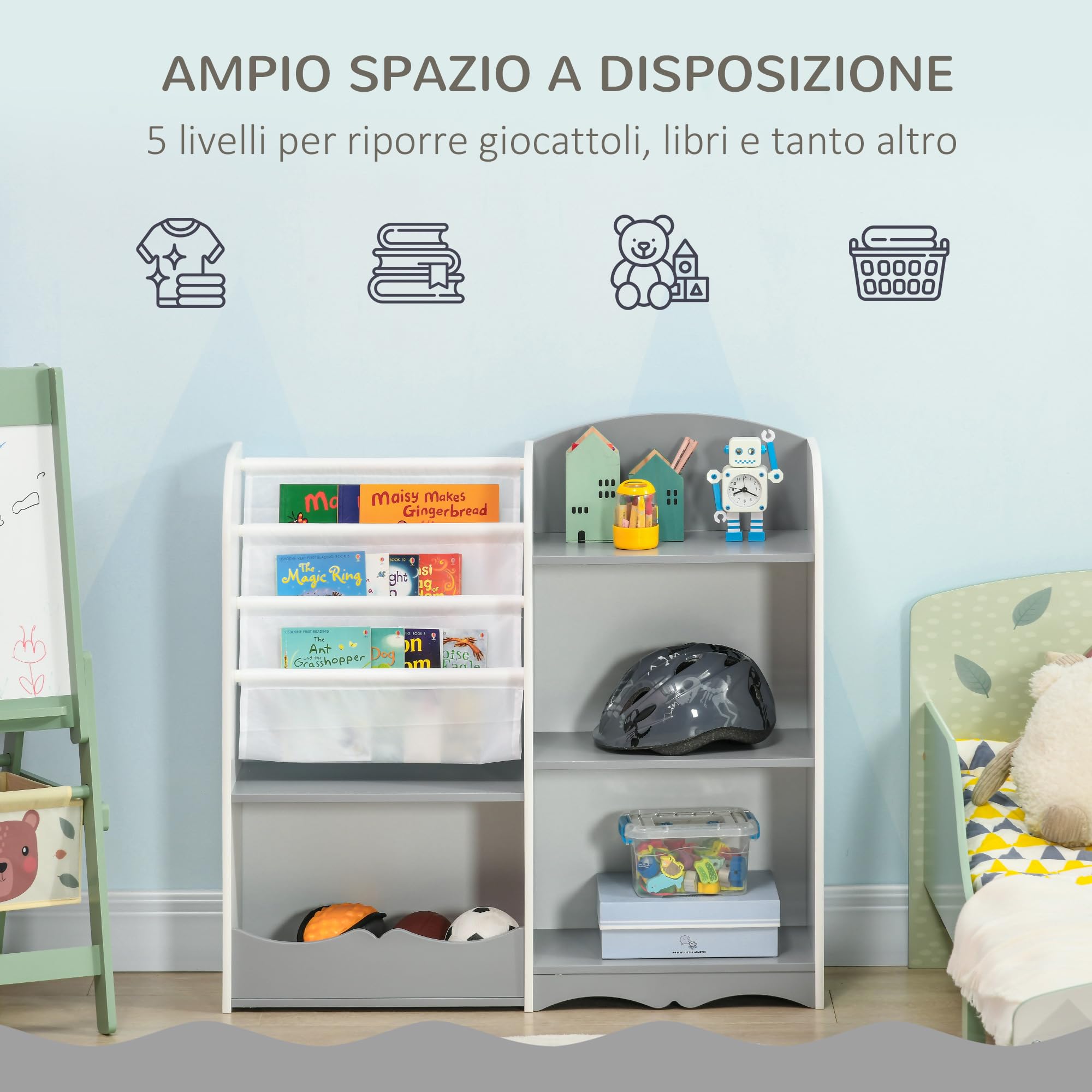 ZONEKIZ Scaffale Portagiochi per Bambini Mobile per Cameretta in Legno, Arredamento per Bambini da Salotto e Asilo, 85x26x84cm, Grigio