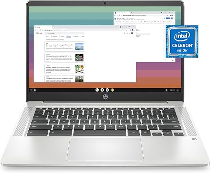 HP Chromebook 14 Laptop, Intel Celeron N4120, 4 GB RAM, 64 GB eMMC, 14" HD Display, Chrome OS, Thin & Portable, 4K Graphics, Long Battery Life, Ash Gray Keyboard 14a-na0210nr, 2022, Mineral Silver