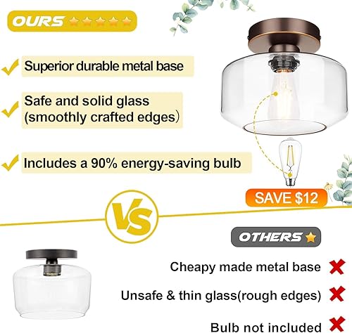 Miniatura 2 de Lámpara de techo industrial semiempotrada bronce aceitado, bombilla LED de 800 lúmenes incluida, lámpara de techo con pantalla de vidrio