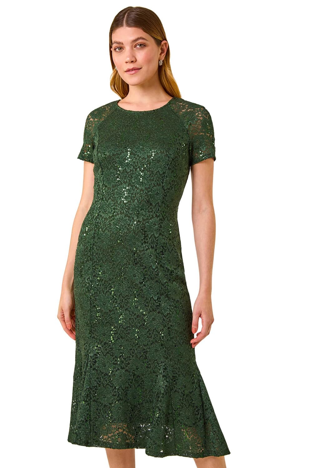 Roman Women's Green Leaf Lace Sequin Midi Dress In | : Size 10