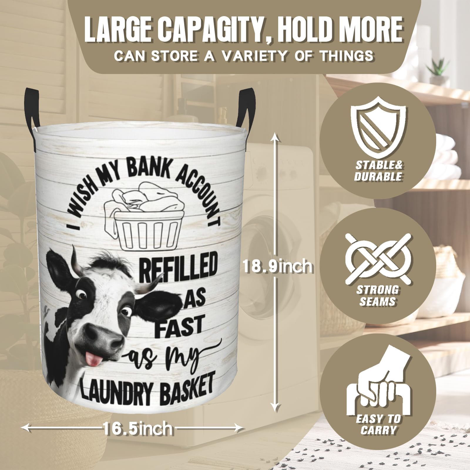Nebcog Vintage Highland Cow Laundry Basket, Funny Animal Laundry Hamper, Clothes Storage, Oxford Cloth, Collapsible, Brown, 18.9