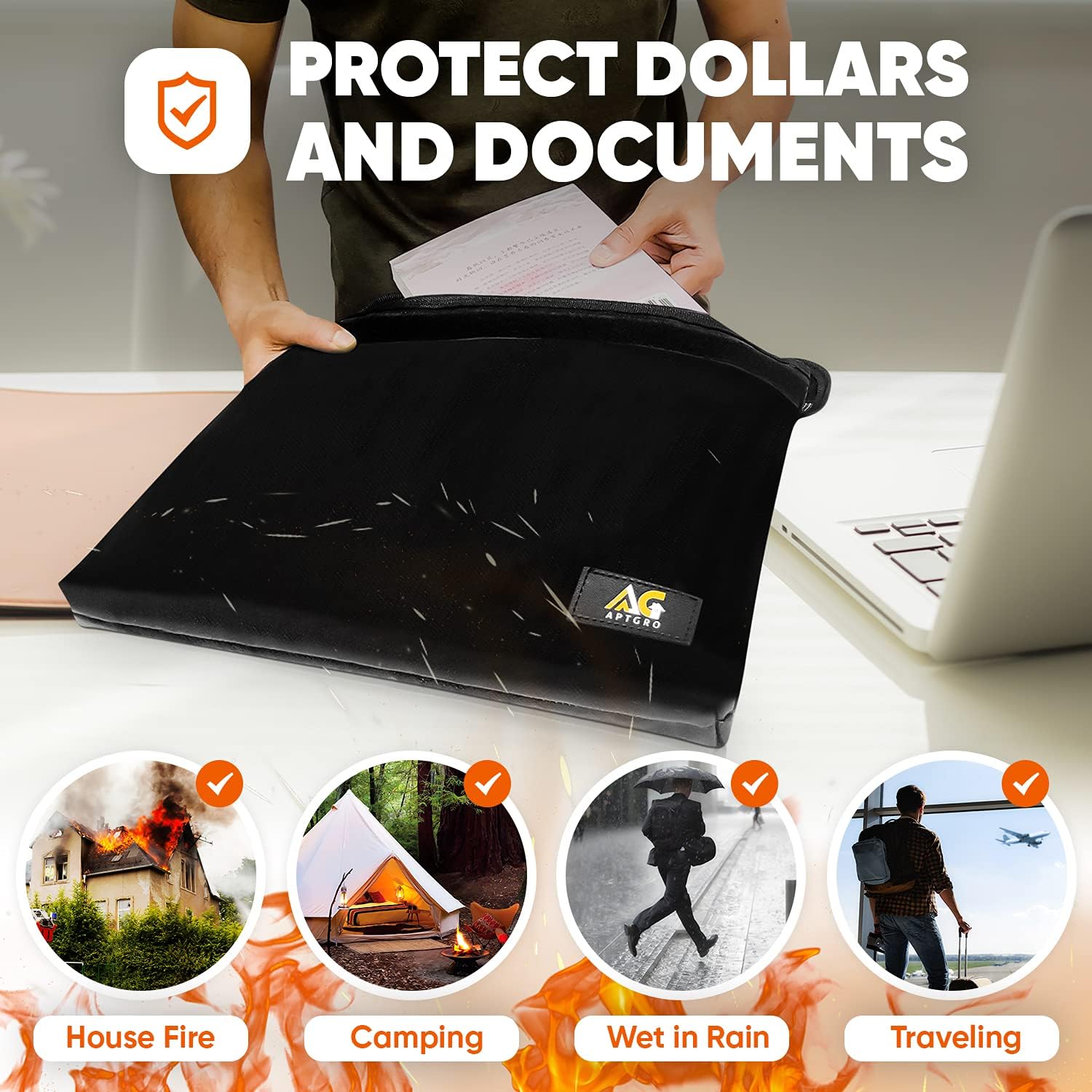 APTGRO Waterproof Fireproof Document Bag – Fireproof Money Bag for Cash and Valuables – Water Resistant Document Holder with Built-in File Folder & Large Storage Capacity – Black