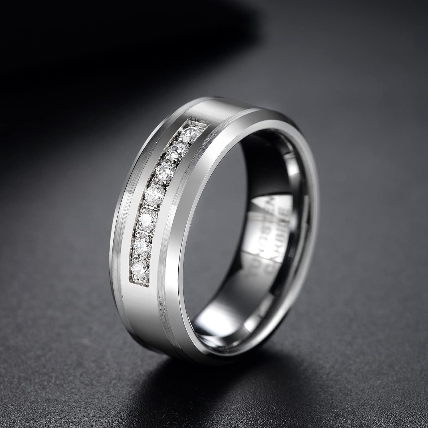 8mm Mens Tungsten Wedding Band Cubic Zirconia High Polish Engagement Eternity Rings for Men Silver/Gold Comfort Fit