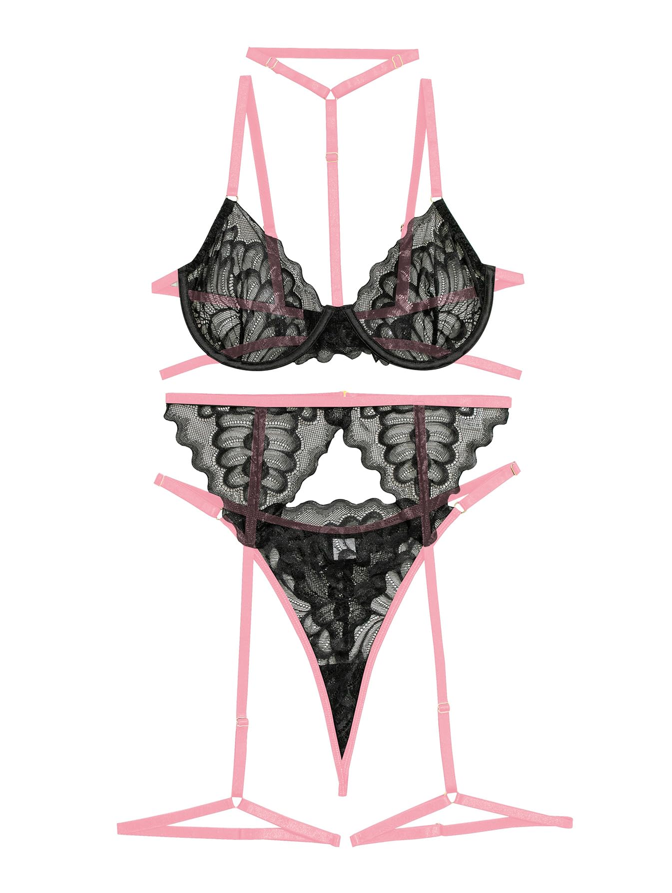 Lilosy Sexy Choker Floral Lace Scallop Sheer Underwire Push Up Garter Belt Lingerie Set 3 Piece: Lilosy Sexy Choker Floral Lace Underwire Push Up Garter Belt Lingerie Set for Women Sheer Bra and Panty 3 Piece