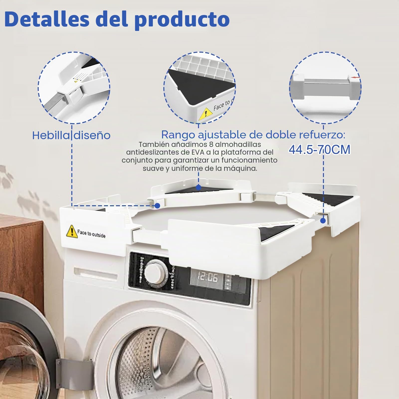 Kit Union Lavadora Secadora, Kit de Apilamiento Universal con 8 Almohadillas Antivibración y Cuerda de Trinquete, Marco Ajustable de Soporte Secadora de 44.5-70 CM, 4 Ganchos, Blanco
