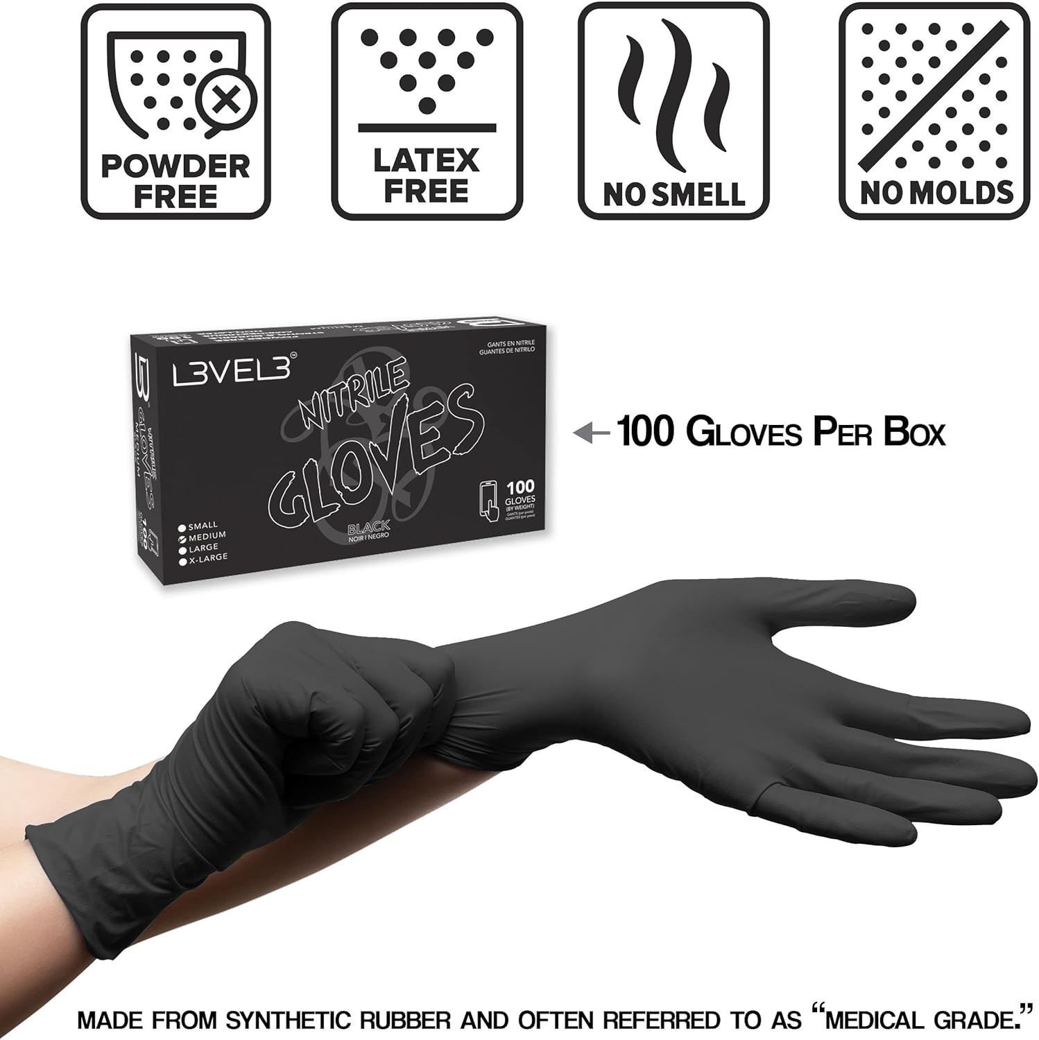 L3 Level 3 Nitrile Gloves - Professional Heavy Duty Disposable Gloves - Latex Free - Fits Snug - Box of 100