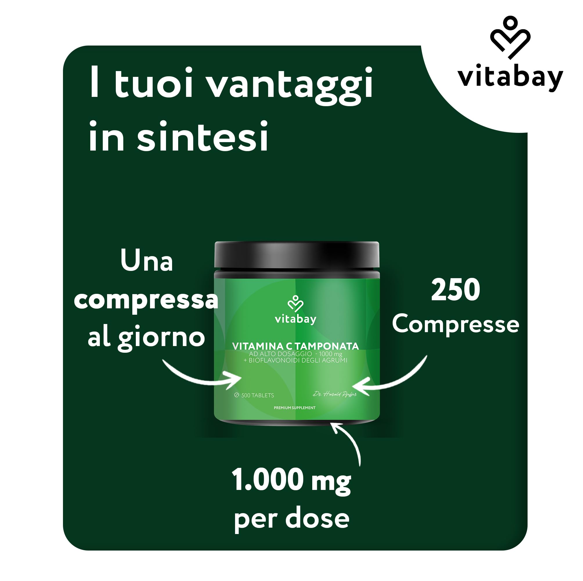 Vitabay Vitamina C 1000 mg - 500 Compresse di Vitamina C Naturale con Bioflavonoidi di Agrumi (50 mg) a Rilascio Prolungato - Vegana e ad Alto Dosaggio - Acido Ascorbico (60%) - Testata in Laboratorio
