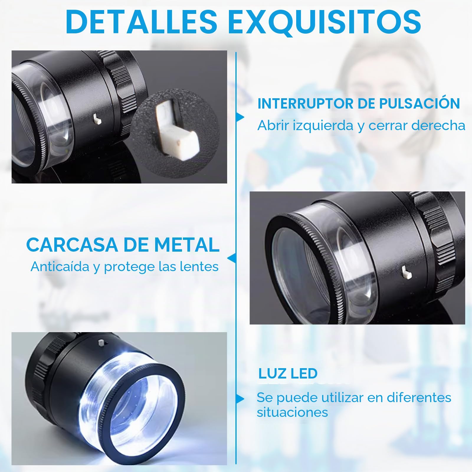Lupa de joyero, Lupa Profesional de 10X con 8 Luces LED Ajustables y Escala integrada, Lente de Vidrio óptico, Base acrílica, alimentada por Pilas AG9 para inspección de joyería, Relojes y Textiles