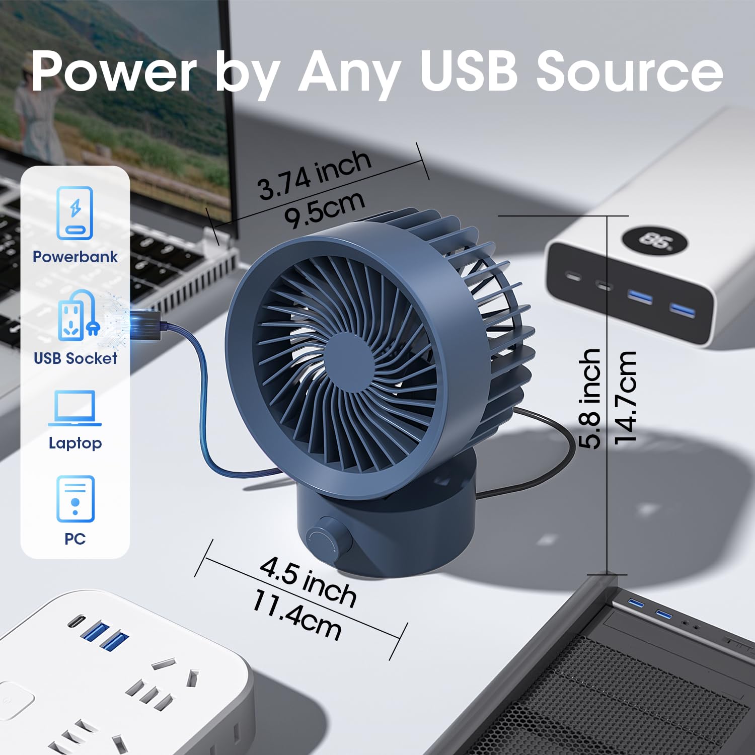 USB Desk Fan Small Quiet, Stepless Speed Flexible Adjust Mini Fans for Home Office Dorm Desktop, Portable Travel Fan Personal Cooling, Plug In USB Powered, Blue