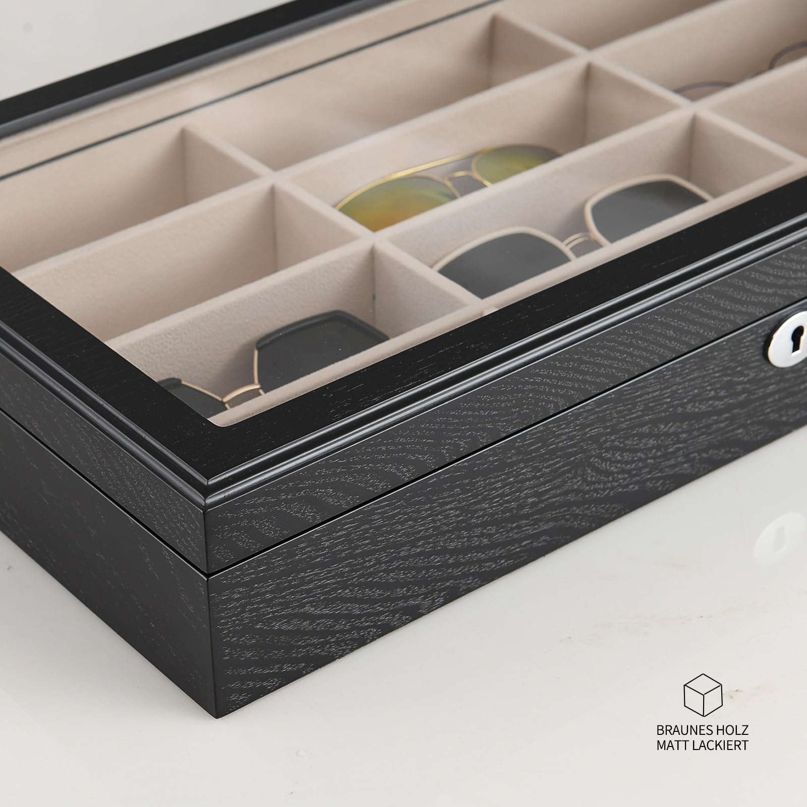 Brillenbox Brillenaufbewahrung Aufbewahrungsbox Sonnenbrillen Case von 12 Brillen Sonnenbrillen Aufbewahrungsbox Die holzkiste mit Schlüsselschloss brillenständer (12 Schlitze - Schwarzes Holz)