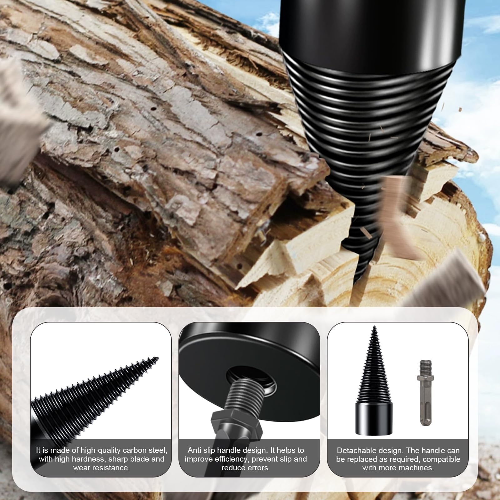 Spaccalegna A Vite Per Trapano FASBET - 50mm, Con 3 Manici, In Acciaio Al Carbonio, Per Legna Da Ardere