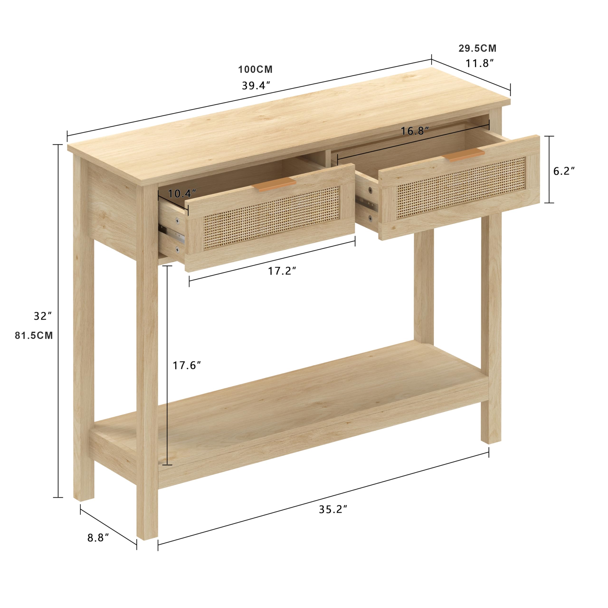 Trironsun Boho Rattan Konsolentisch mit 2 Schubladen 2-stöckiger Eingangstisch Bauernhaus Holz Sofa Tisch mit offenen Lagerung Regal für Wohnzimmer Flur Foyer