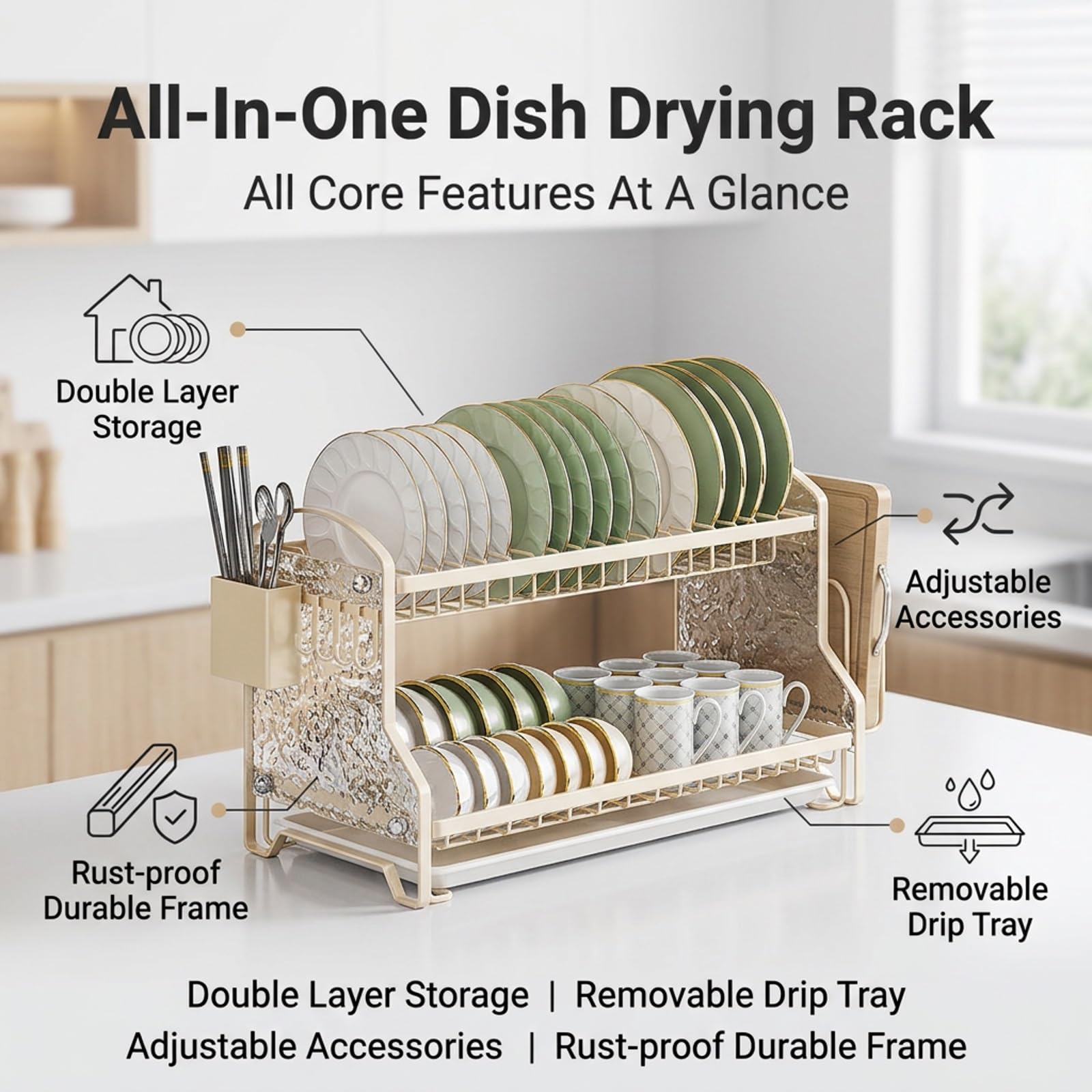 Escurridor de platos de dos niveles, organizador de cocina moderno | Estructura metálica, diseño estilo crema, gran capacidad, drenaje eficiente(White 1,42cm/16.5in)