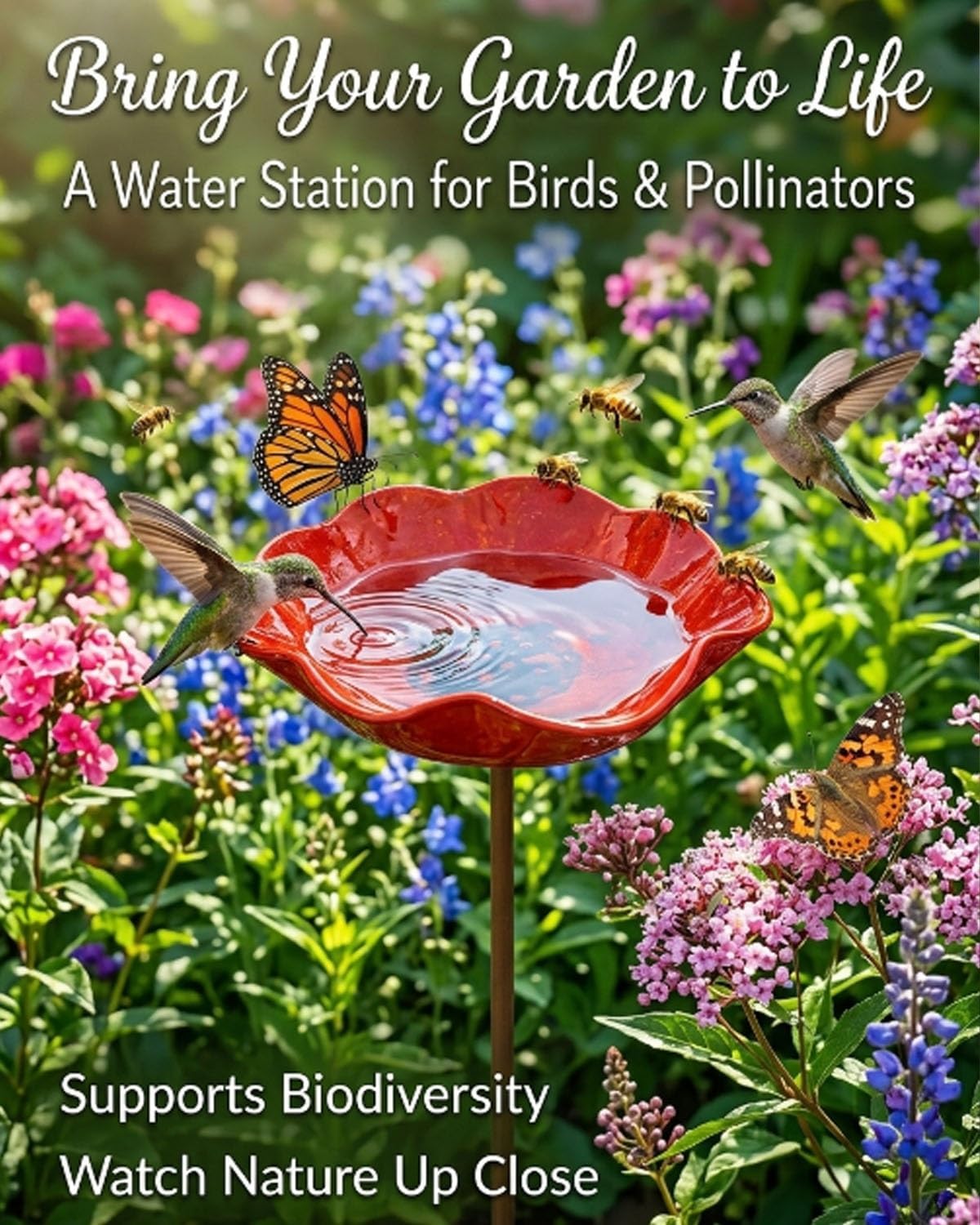 Metal Flower Garden Stakes Bird Bath Bowl, Handmade Blooms Hummingbird Feeder Pollinator Water Fountain Sculptures Decorative Bee Butterfly Watering Station Outside Colorful Rain Catcher Puddler