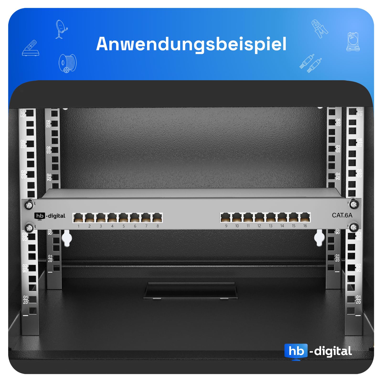 HB-DIGITAL 16 puertos Cat 6a LSA - Panel de conexión apantallado, color blanco Cat.6a (500 MHz) 19 pulgadas, montaje en rack 1HE 16x RJ45 hembra Professional, TIA568A o TIA568B