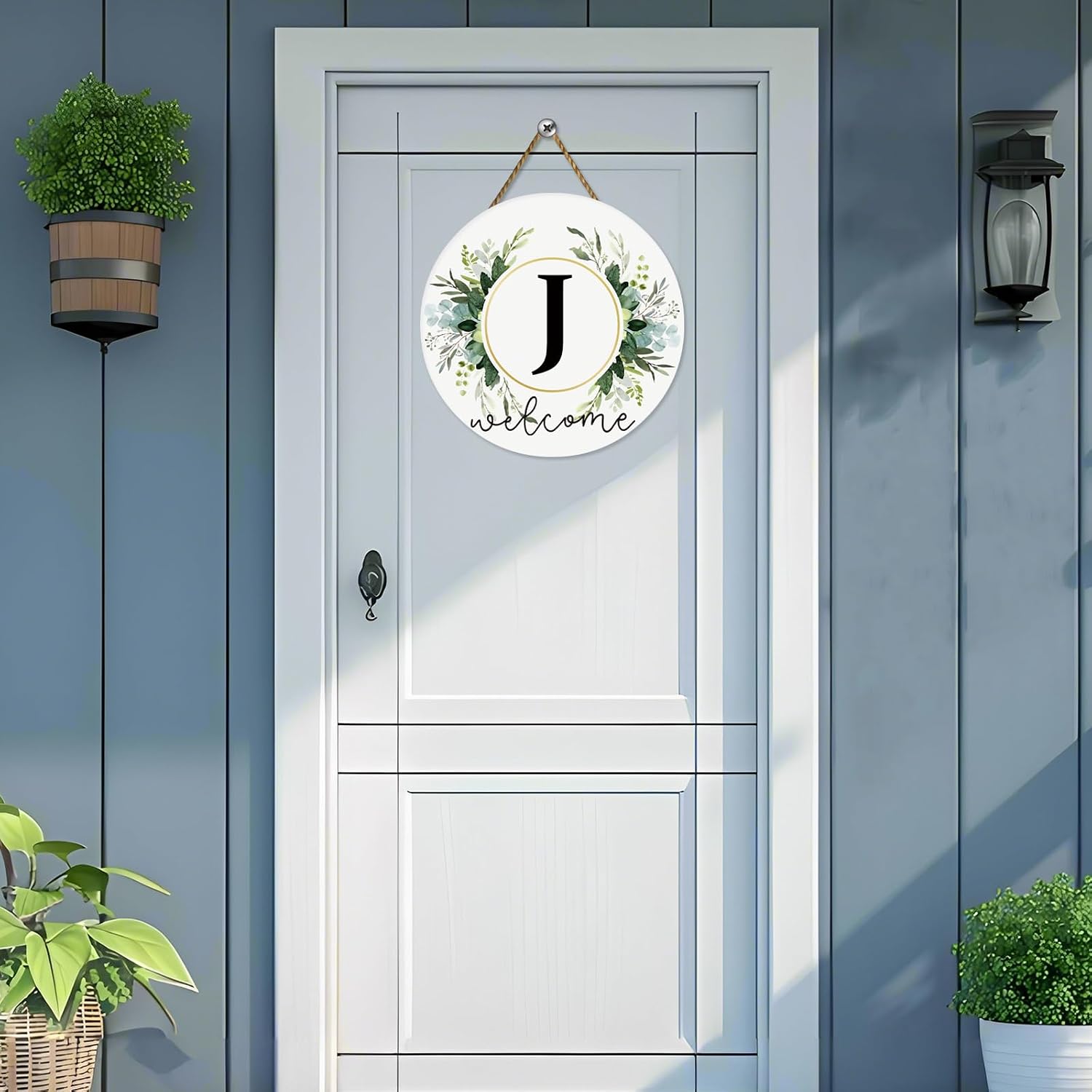 Monogram Letter J Wreaths for Front Door Wreath Wooden Welcome Sign for Front Door Decor Floral Family Last Name Initial House Warming Spring Summer Porch Rustic Wall Home Kitchen Boho Decorations
