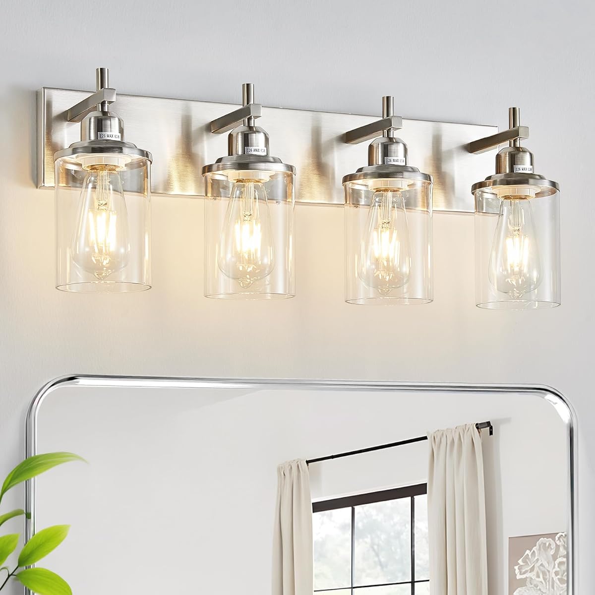 4-Light Brushed Nickel Bathroom Light Fixture Over Mirror Modern Bathroom Vanity Light Vintage Wall Lighting with Clear Glass Shade for Bathroom, Bedroom, Hallway, Cabinet