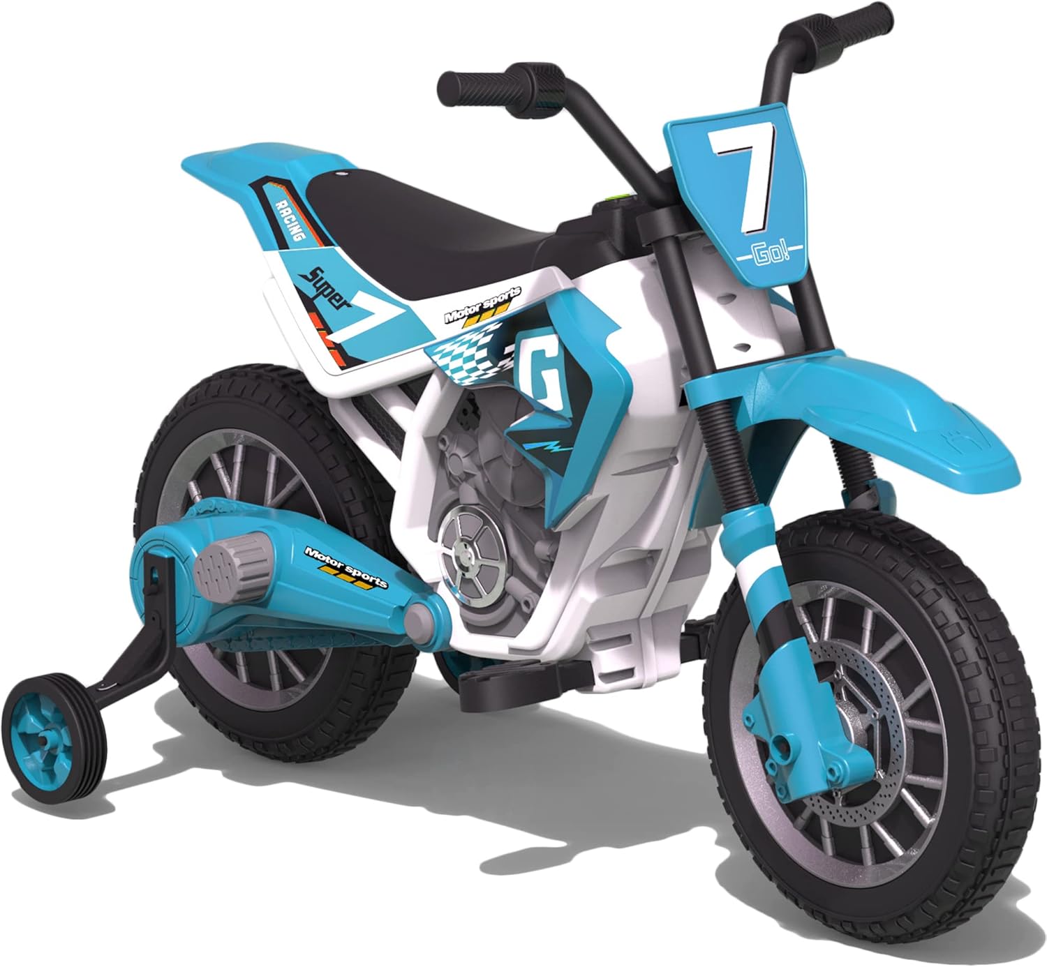 sopbost 12V 7Ah Electric Dirt Bike for Kids 3-6 Battery Powered Kids Motorcycle with Training Wheels 2+1 Real Suspension, Engine Sounds, Sky Blue : Toys & Games