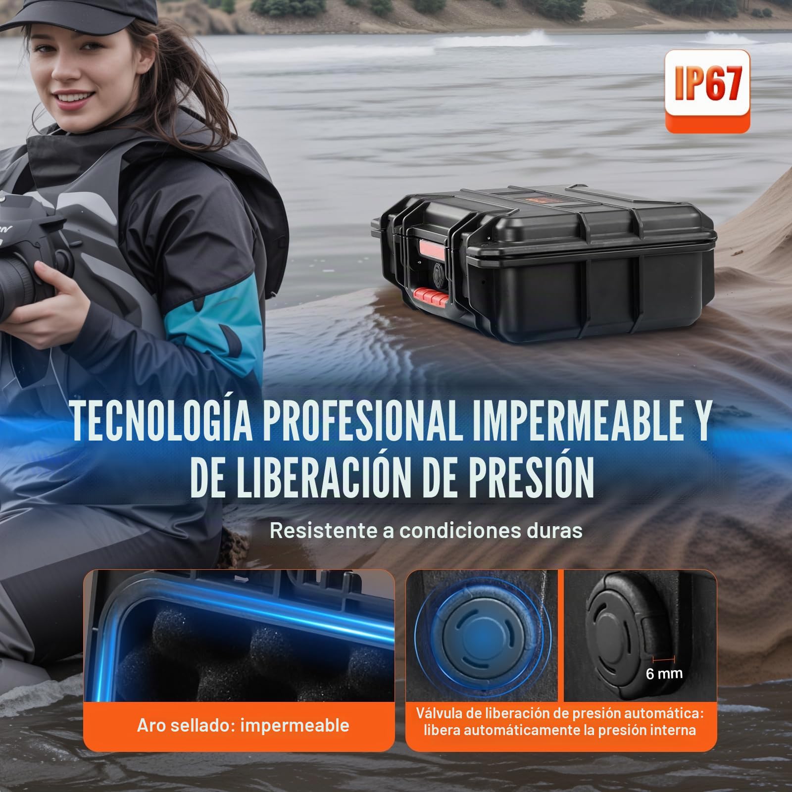 VEVOR Estuche Rígido Resistente a la Intemperie de 380 x 300 x 140 mm, Estuche Protector Resistente con Espuma Precortada y Asas Retráctiles para Viajes, Caza, Uso Militar, Táctico, IP67, Negro