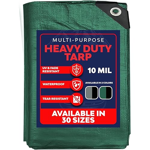 Large Poly Tarp Cover Waterproof 30 X 60 Feet - Green / Black Heavy Duty 10 Mil Thick - Protective Weather Resistant Strong Outdoor Tarpaulin with Aluminum Grommets Rot Resistant, UV Protected