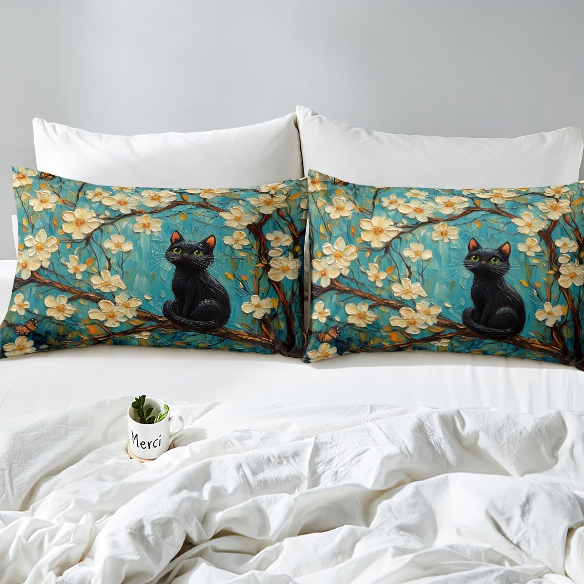 Feelyou Oil Painting Styles Floral Black Cat Duvet Cover,Vintage Black Cat Bedding Set Twin Size,Kids Boys Girls Bedroom Room Decor,Cute Animal Cat Comforter Cover,Floral Cat Bedspread Cover