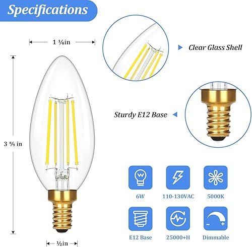 Miniatura 2 de Brightever Bombillas LED de candelabro E12 equivalente a 60 W, 12 paquetes superbrillantes de 620 lúmenes, bombillas LED transparentes de 6 W, luz