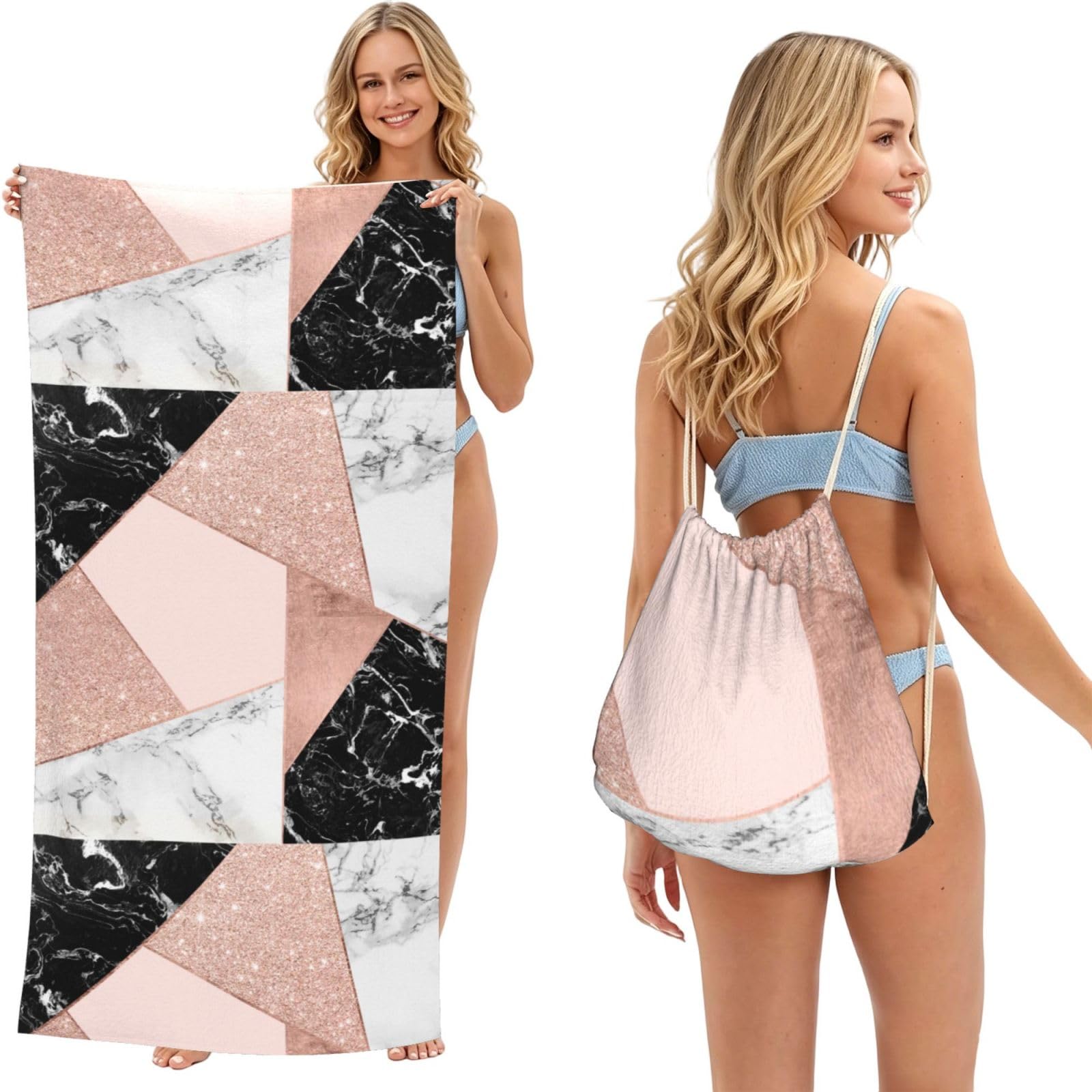 Poadnly As Picture Rose Gold Glitter Black White Marble Geometric, 2 In 1 Packable Towel Bag, Beach Towels With Drawstring Backpack For Travel Holiday Camping