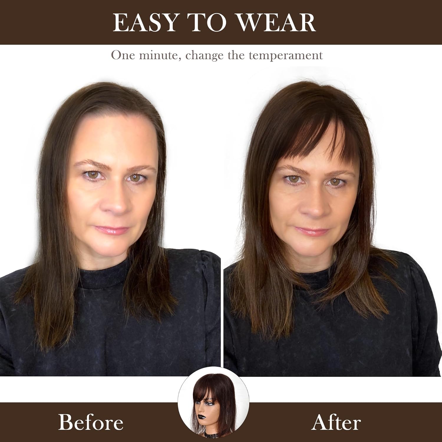 Hair Topper with Bangs Real Human Hair 100% Hand Tied Remy Hair 5x5.5 inch Soft Base Straight Hair Piece(Dark brown, Bangs 2#, 12 Inch)