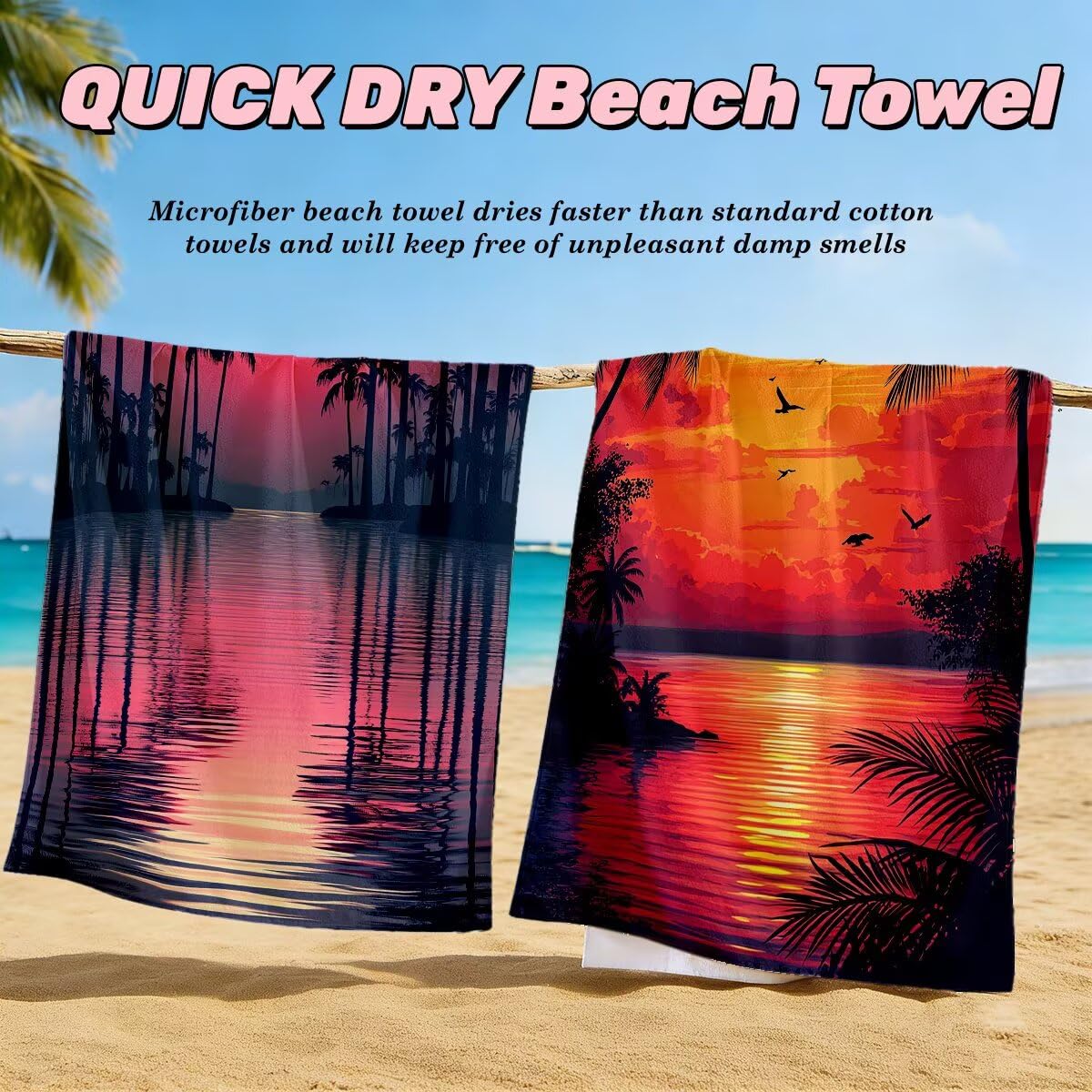 Toalla Playa 90x200 cm, Toalla Gimnasio Microfibra Secado Rapido, Juego de 2 Antiarena Toallas de Playa, Ligera Compacta Toallas Microfibra Grande para Viaje, Regalo Hombre Mujer (Paisaje) -5109