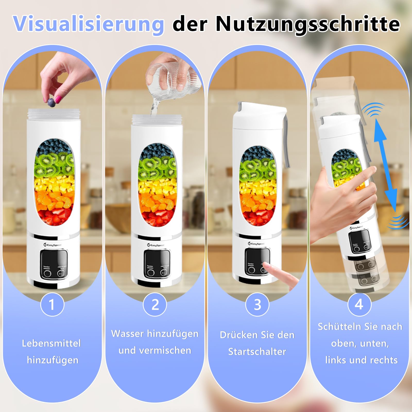 EasySpeed Tragbarer Mixer Smoothie Maker, 500ml Persönlicher Mini Entsafter Auslaufsicherem Deckel & Trinköffnung, 1500mAh Elektrisch USB-C, 12 Edelstahlklingen, BPA-frei für Reisen und Büro, Weiß