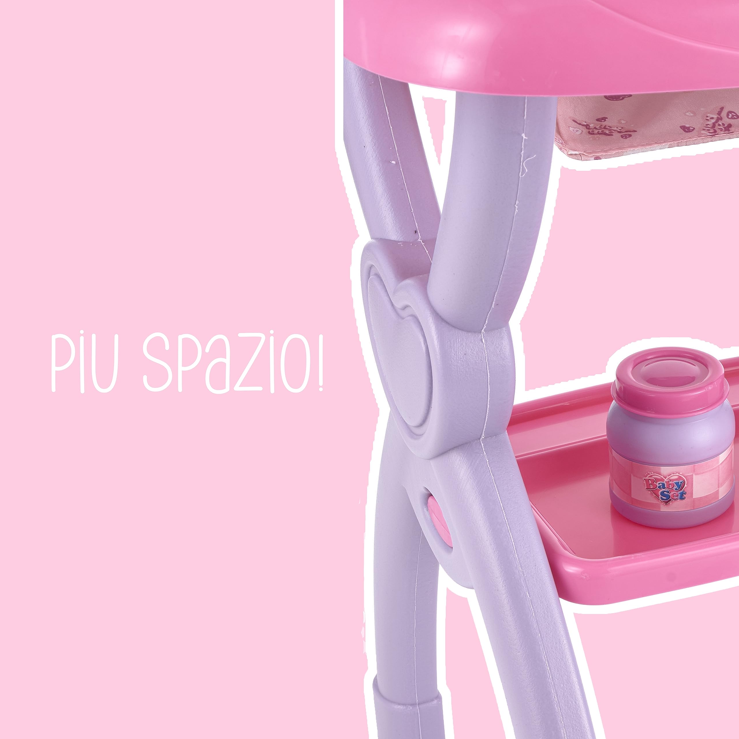Baroni Toys Seggiolone per Bambola Giocattolo, Gioco Set Seggiolone Pappa, Giocare alle Mamme con Biberon Posate e Bavaglio, Seggiolone per Bambole, Gioco per Bambine 3 4 5 6 7 Anni