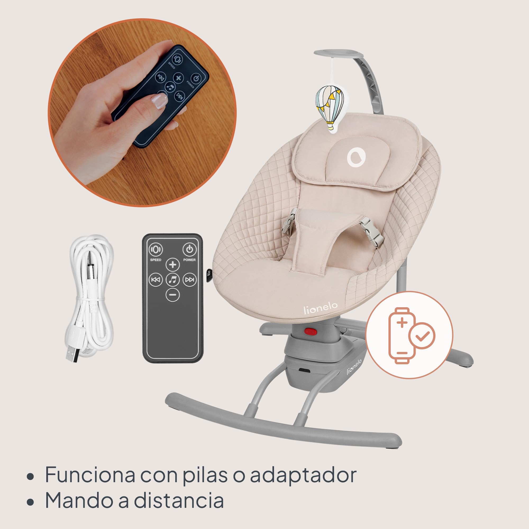 LIONELO Rio - Balancín eléctrico para niños de hasta 9 kg, respaldo ajustable, balancín de 3 velocidades, cinturones de seguridad con cojín, melodías y sonidos de la naturaleza, arco con juguete,