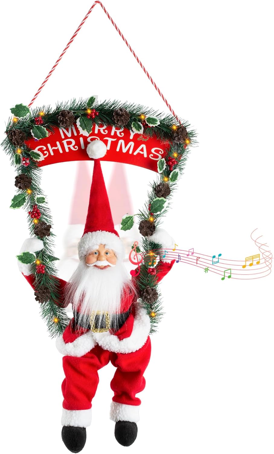 Christmas Animated Santa Claus Decoration, 33inch Animatronics Talking Hanging Santa with LED Light Wreath, Christmas Sign, Head Move, Xmas Figure Gift for Indoor, Wall, Door Decor Holiday Collectible Hanging Santa With Sign