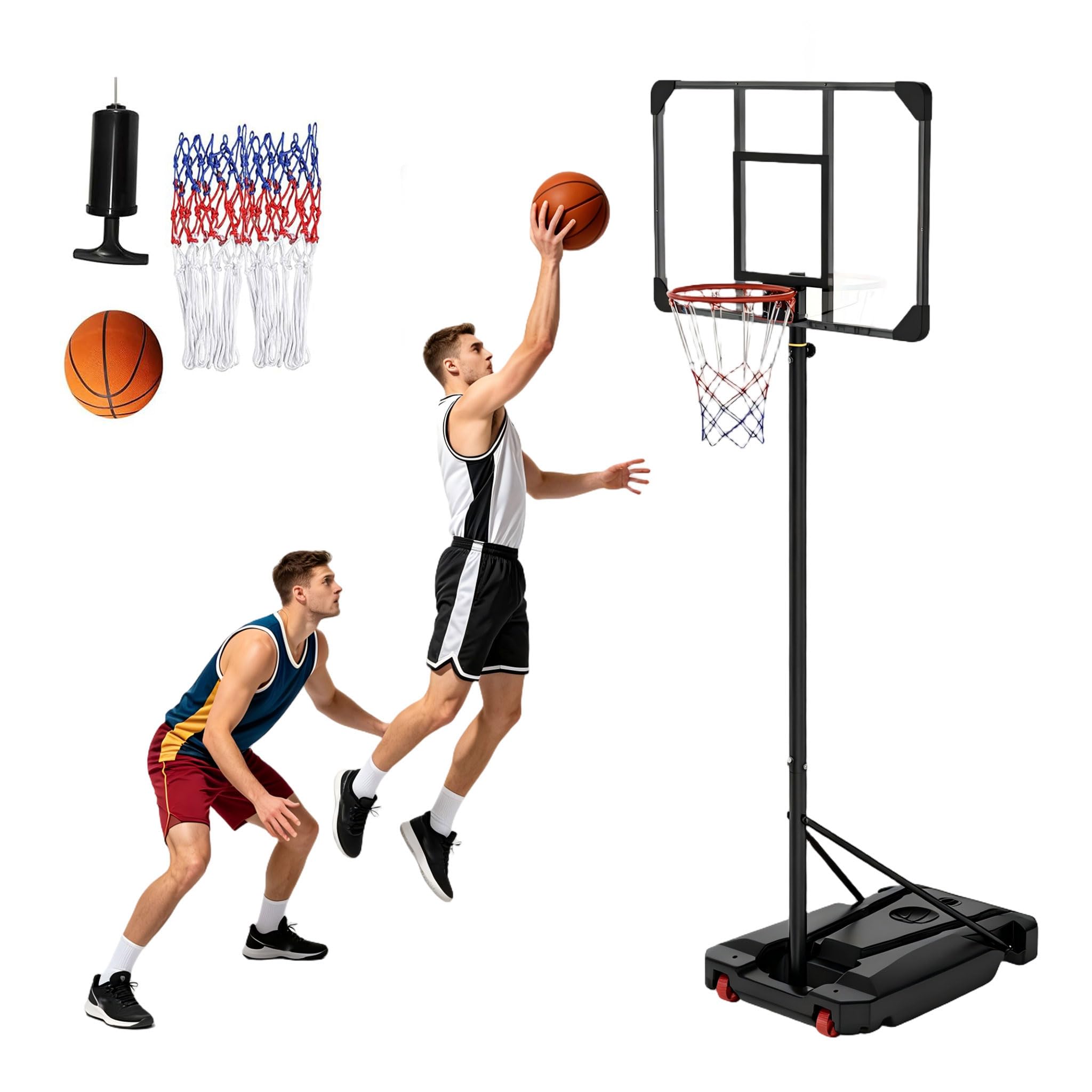UISEBRT Freistehender Basketballständer Höhenverstellbar 150–260 cm | Bruchsichere PC-Backboard | Outdoor Basketballkorb mit 2 Netzen, Basketball Größe 5 & Luftpumpe für Garten, Terrasse, Einfahrt