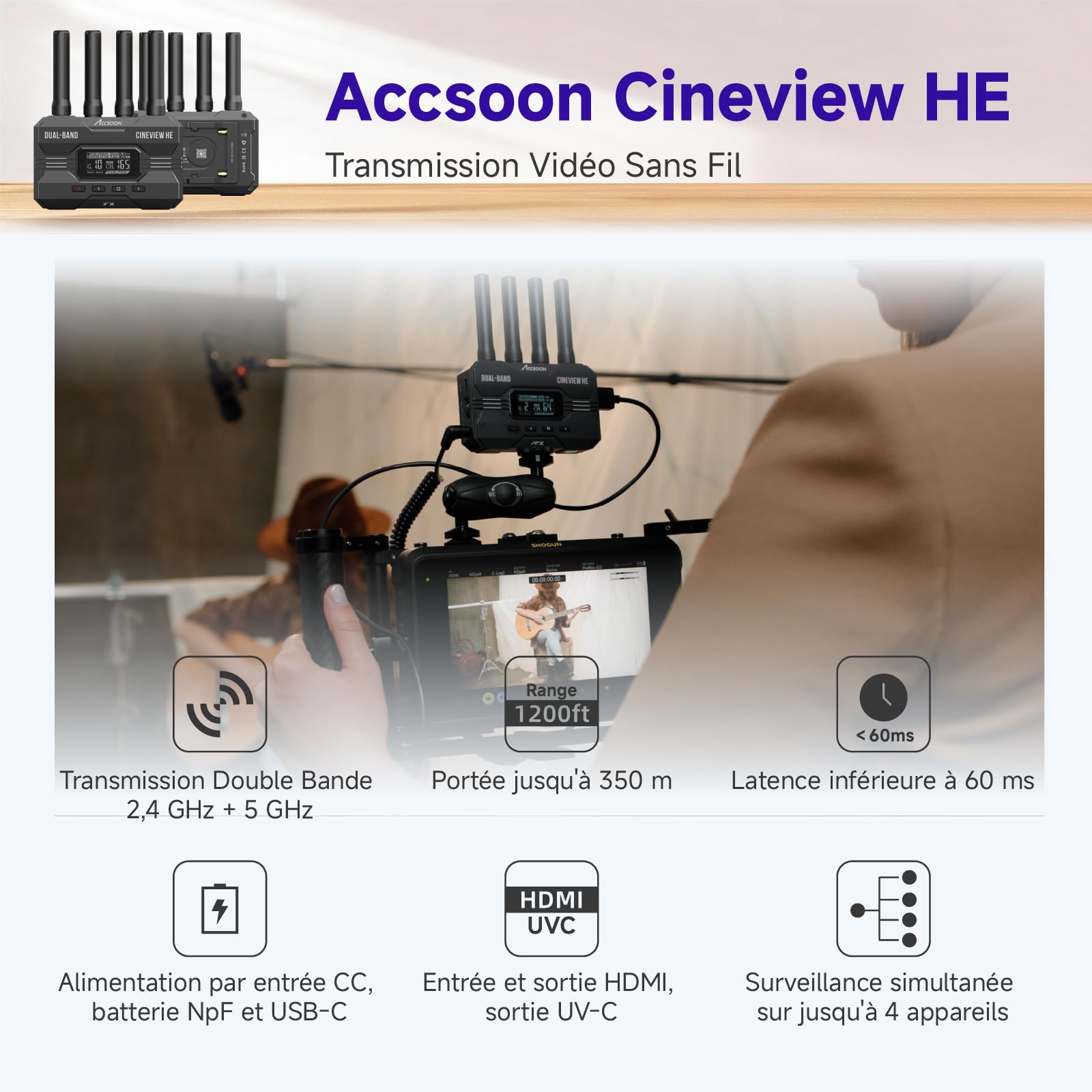 Accsoon CineView HE Système de Transmission Vidéo sans Fil, émetteur et récepteur sans Fil 2.4G/5GHz, 1 Émetteur 4 Récepteurs, HDMI, Latence <0.06s, 350m, Écran OLED, pour Caméra, Live Streaming UVC