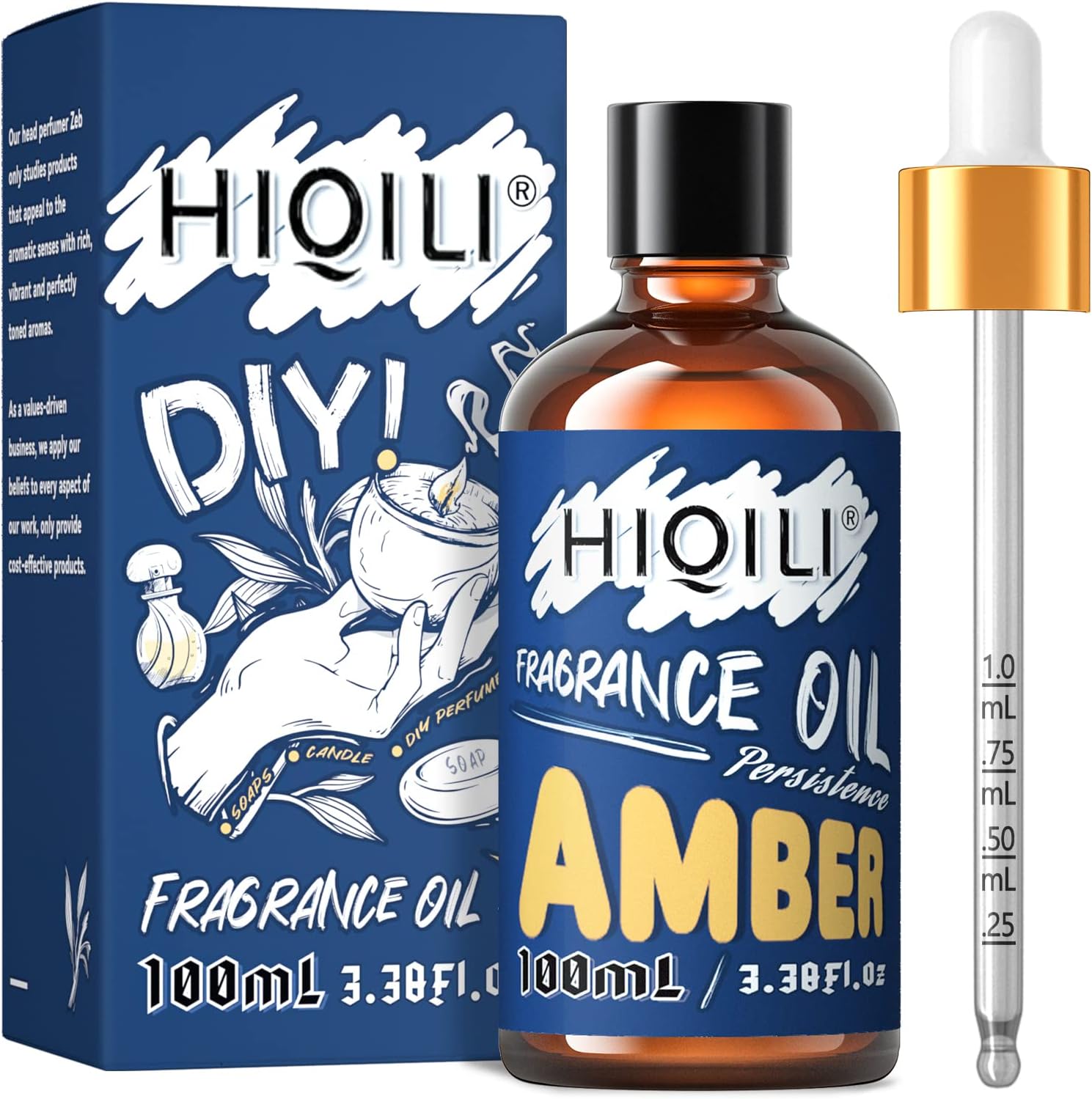 HIQILI Amber Essential Oil - Premium Fragrance Oil for Diffuser, Candle Soap Perfume Lotion Making, 3.38 Fl Oz