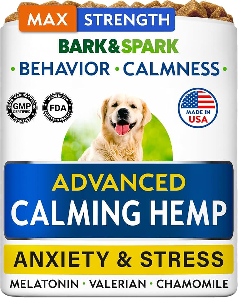 BARK&amp;SPARK Advanced Calming Chews for Dogs - Separation Anxiety Relief for Dogs w/Hemp Oil + Melatonin - Relief During Fireworks, Storms - Aggressive Behavior, Barking, Stress Aid - 90Chews