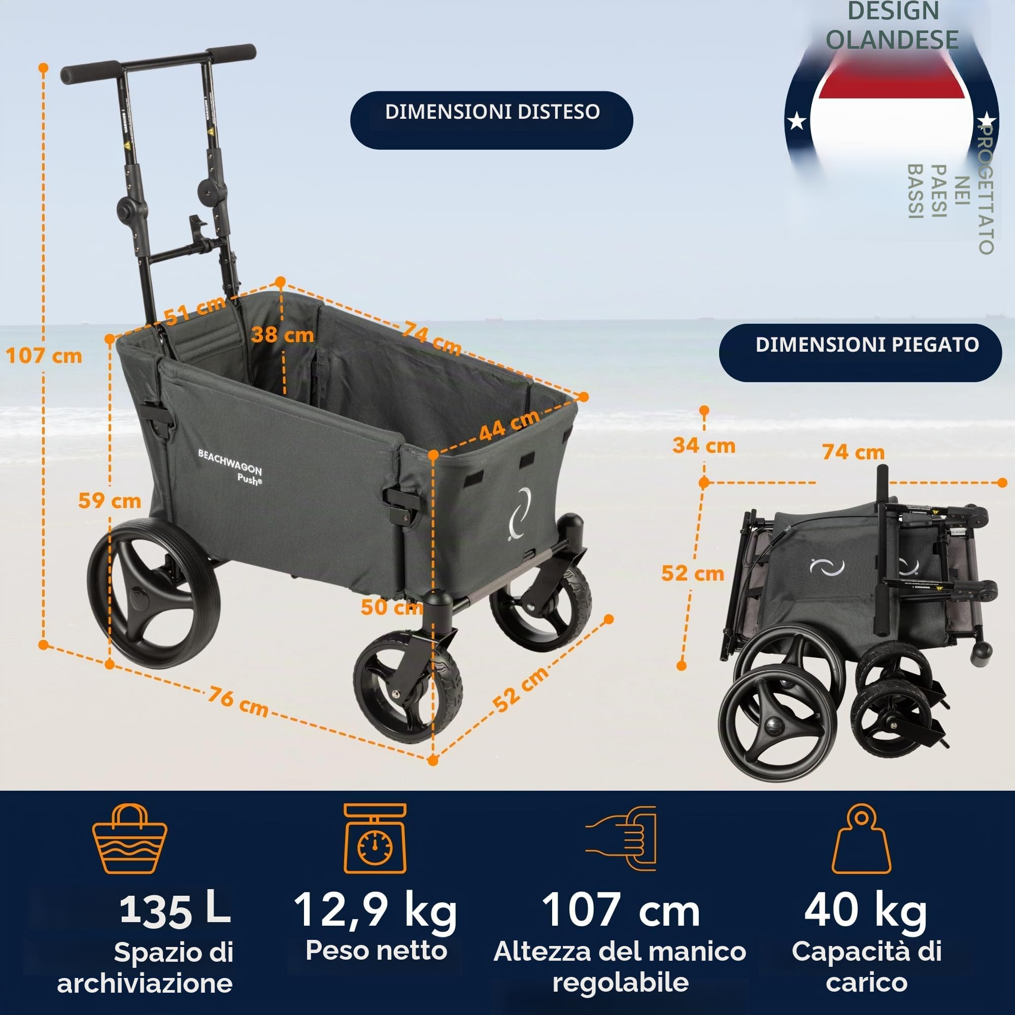 Beach Wagon Carrello con Ruote Pieghevole PUSH Combideal 40 kg, Carrello Spesa Medio con Barra di Spinta e Tetto, Leggero e Compatto, Lavabile, Carrello da Spiaggia e Giardino, Grigio Scuro