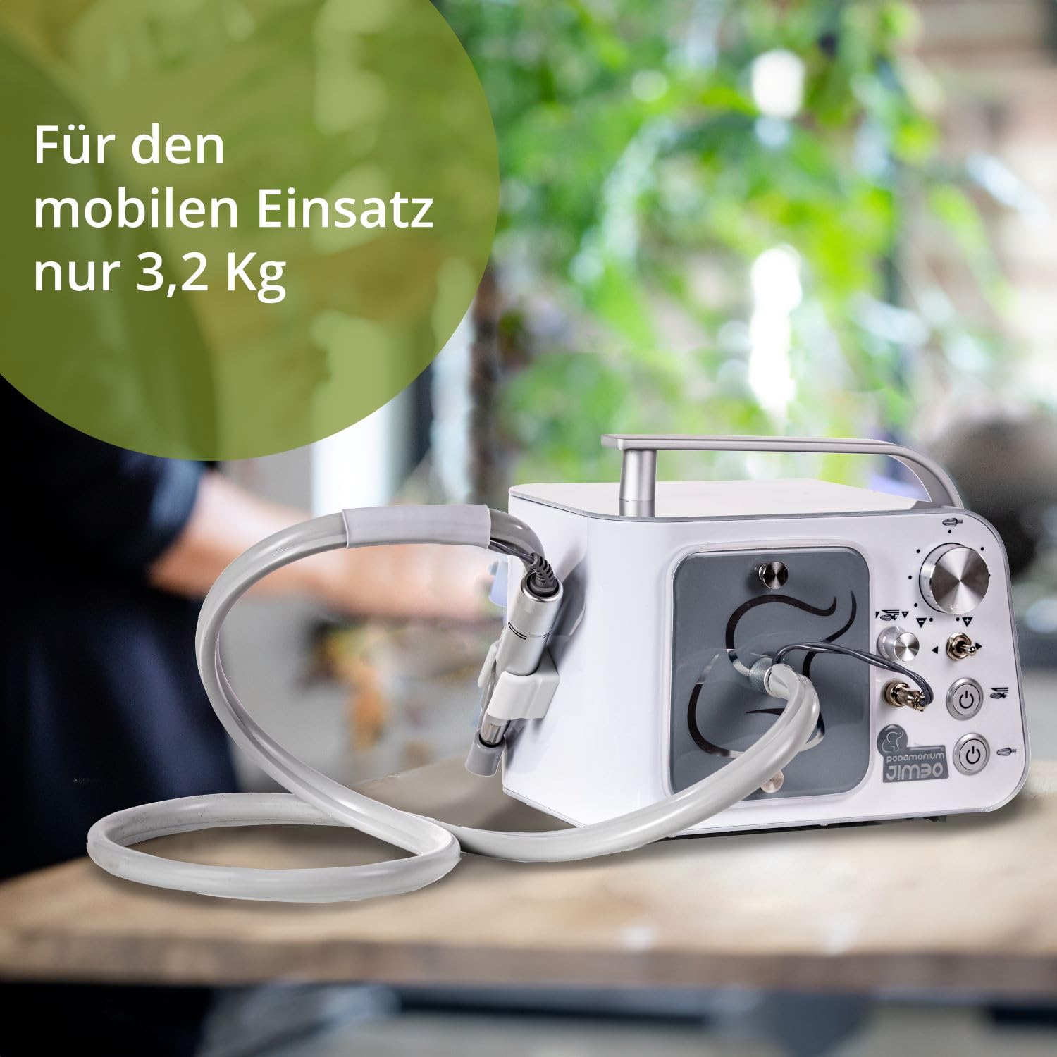 Podomonium JIMBO Fußpflegegerät mit Absaugung – Profi Nagelfräser 40.000 U/min, Micromotor mit 2,35 mm Bitaufnahme, Trockentechnik, für Podologie & mobile Fußpflege, Assembled in Europe