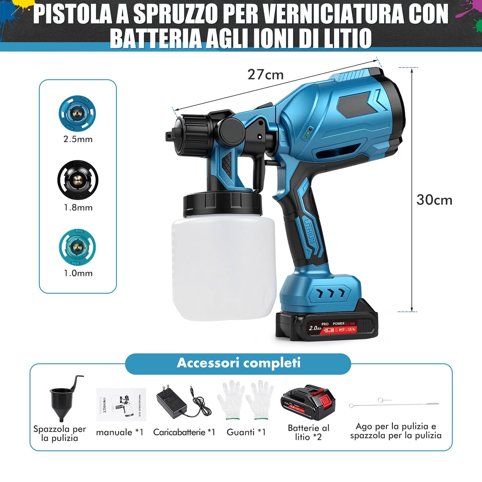 Pistola A Spruzzo Per Verniciare A Batteria, 500W Pistola Per Verniciare Elettrica Spruzzatore Vernice Con 3 Ugelli 3 Modalità, Flusso Regolabile HVLP Pistola Per Verniciatura Per Muri, Mobilia, Auto